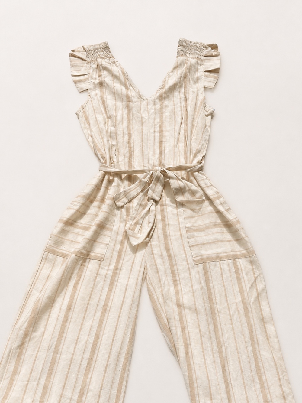 Monteau Linen Beige Stripe Wide Leg Jumpsuit Romper Tie Waist Size Small​